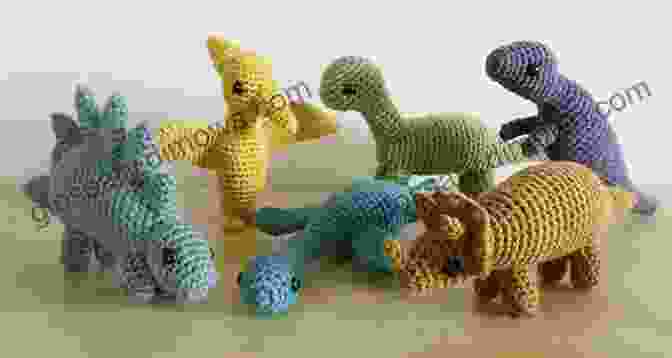 A Group Of Crocheted Dinosaurs, Including A Stegosaurus, Tyrannosaurus Rex, And Brachiosaurus, Gathered Together In A Playful Embrace. Adorable Dinosaur Crochet Guide: Cute Dinosaur Amigurumi Patterns